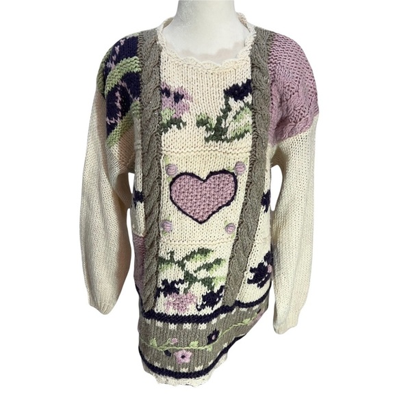 𝅺vintage 90's Patchwork Handknit Beige Chunky Knit Cozy Sweater Size M - Picture 2 of 8